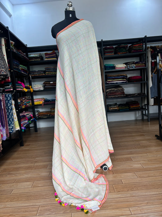 WHITE KATHA CHECKS  MUL SAREE