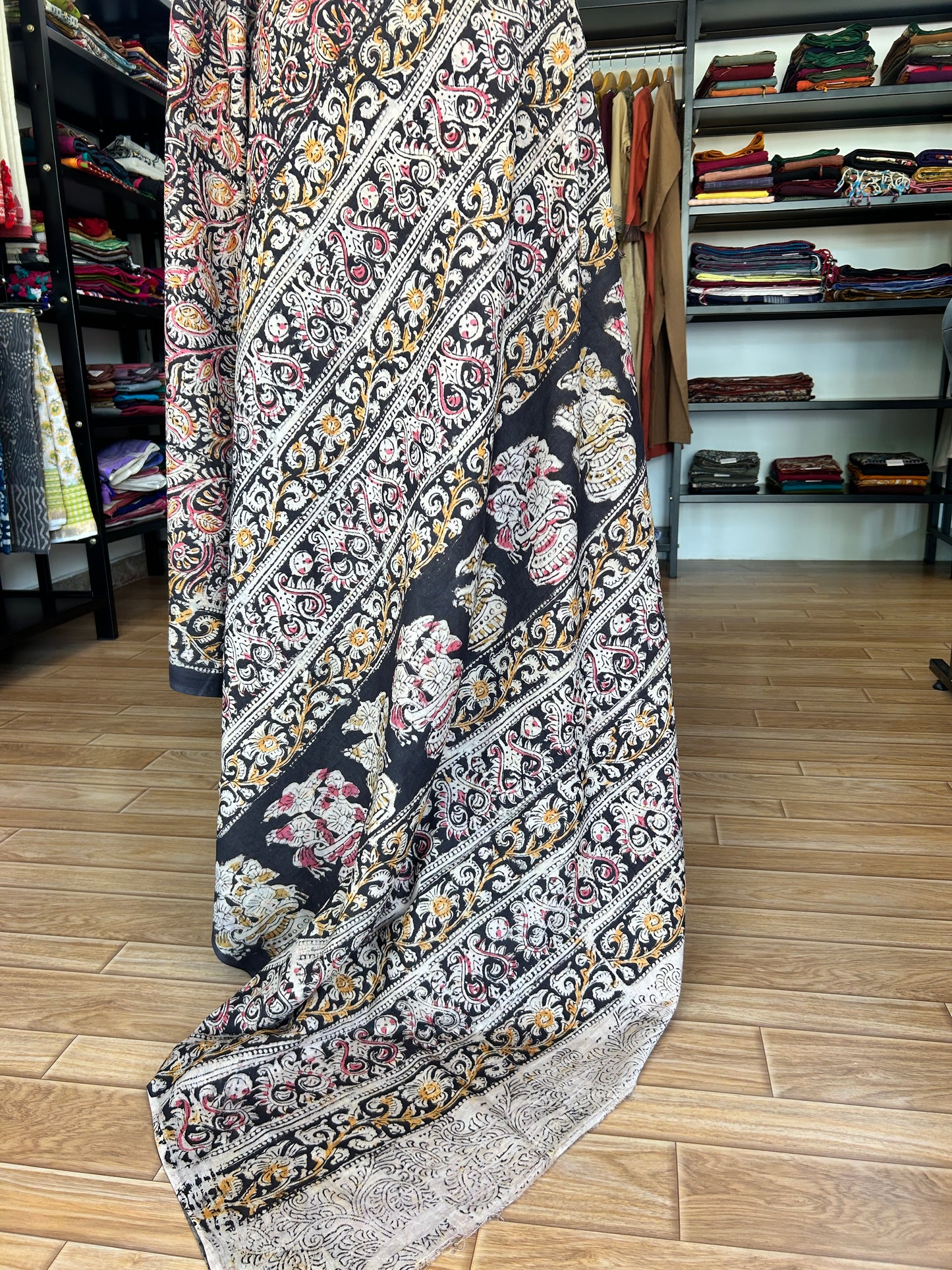 Black kalamkari mul saree