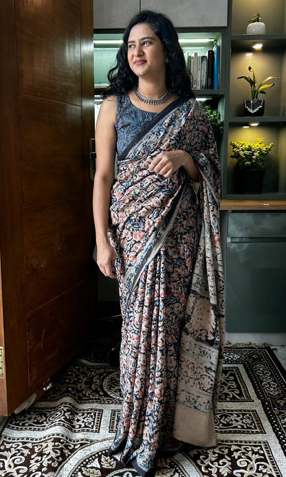 Black kalamkari mul saree