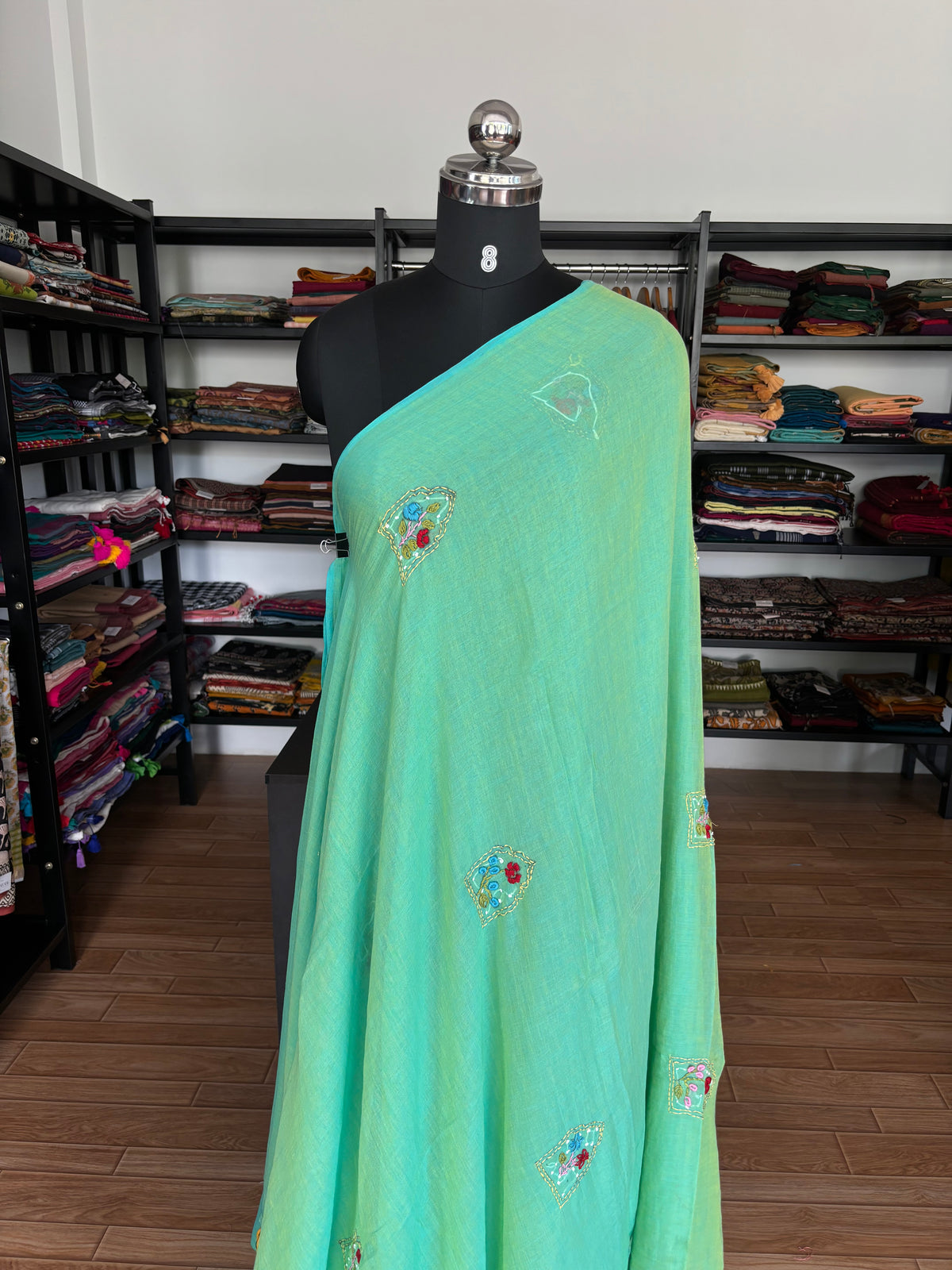 GREEN EMBROIDERED MUL SAREE