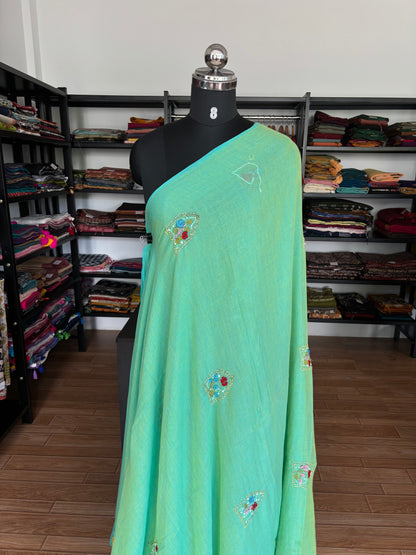 GREEN EMBROIDERED MUL SAREE
