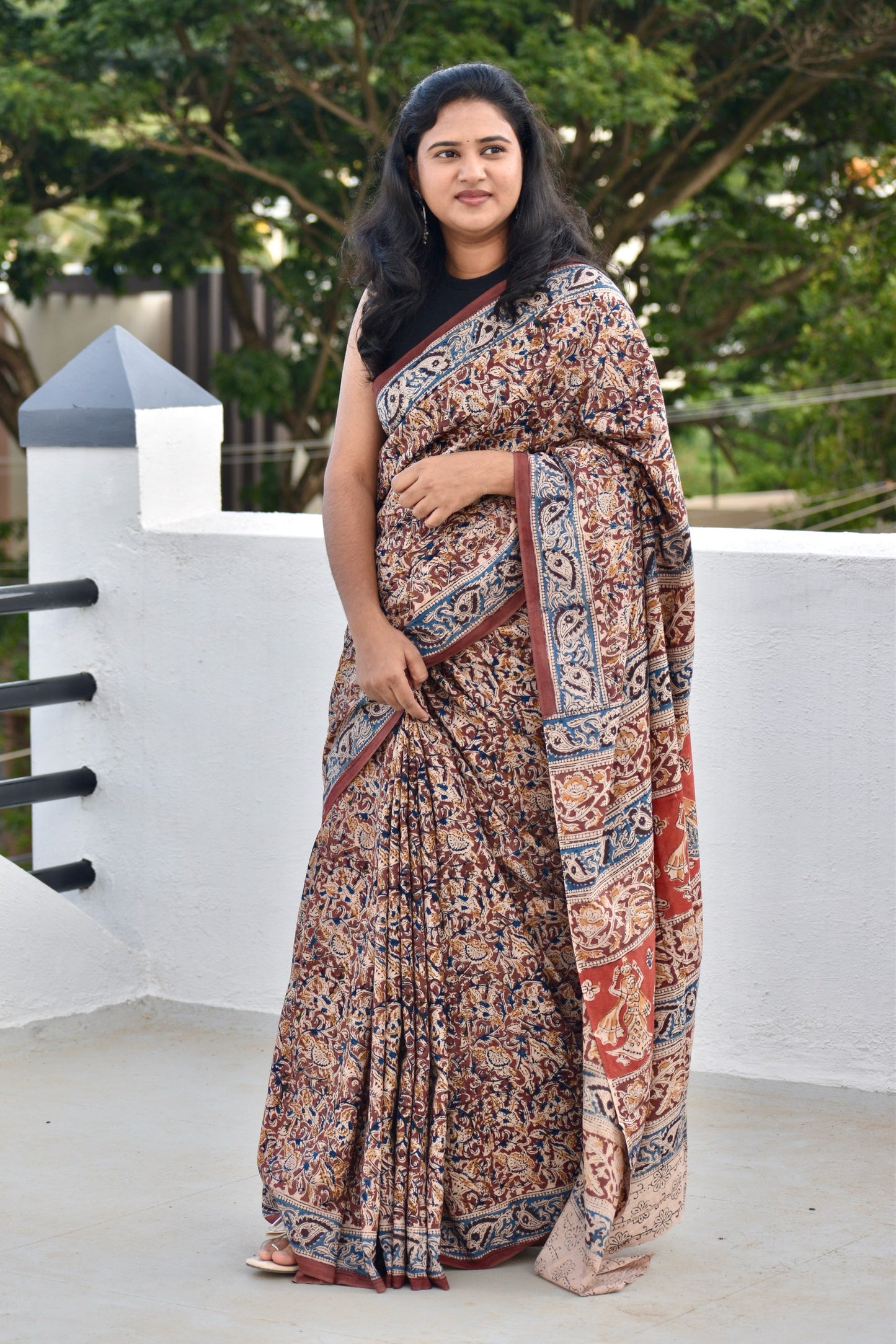 Brown kalamkari mul saree