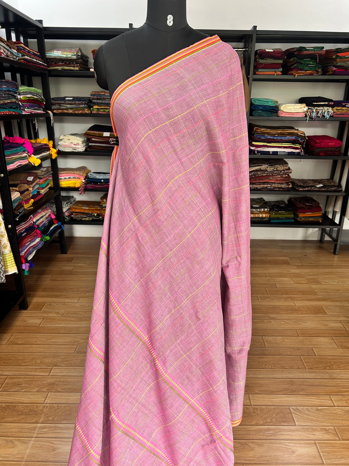 PINK KATHA CHECKS  MUL SAREE