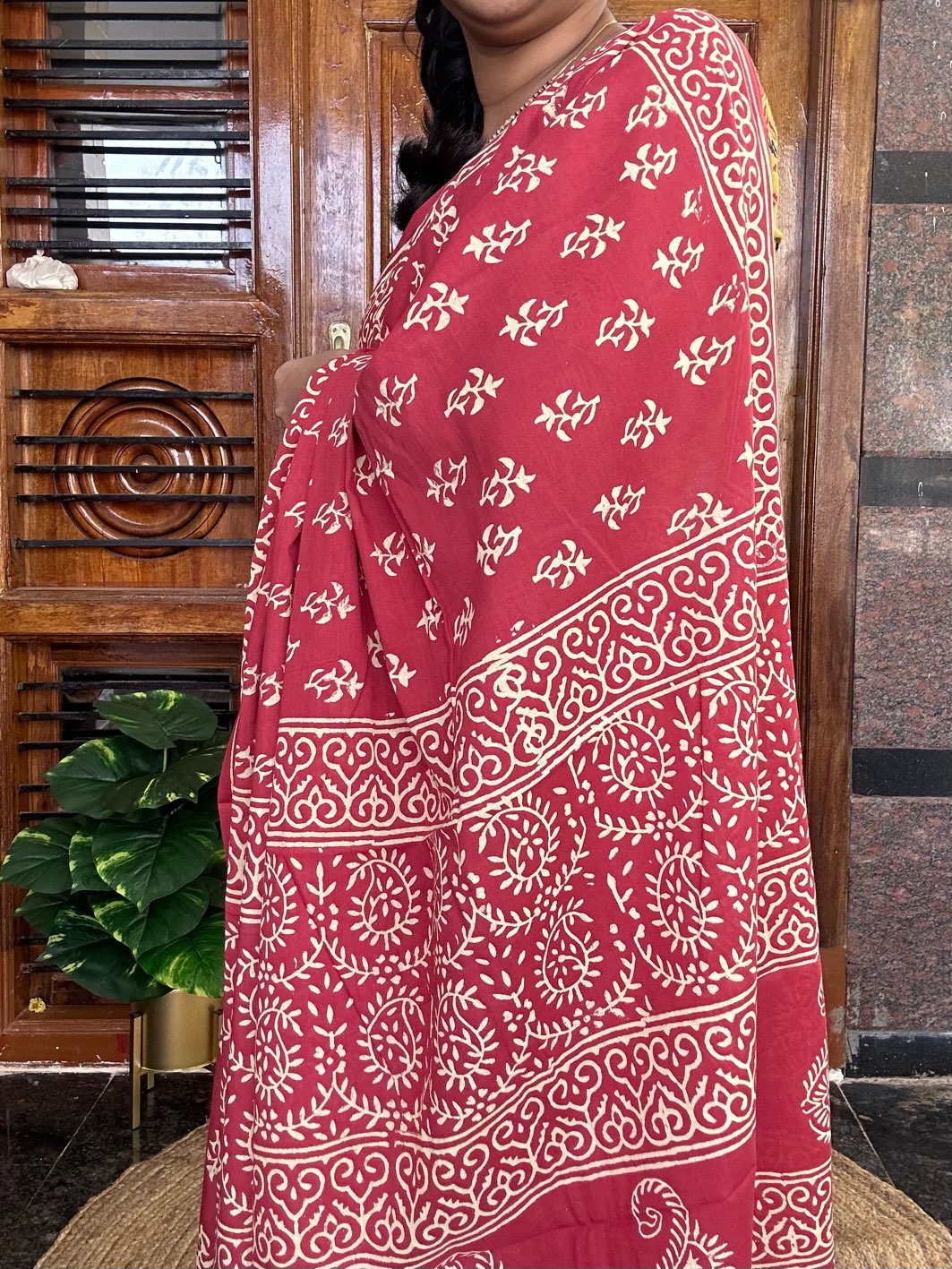 Red handblock mulmul cotton saree