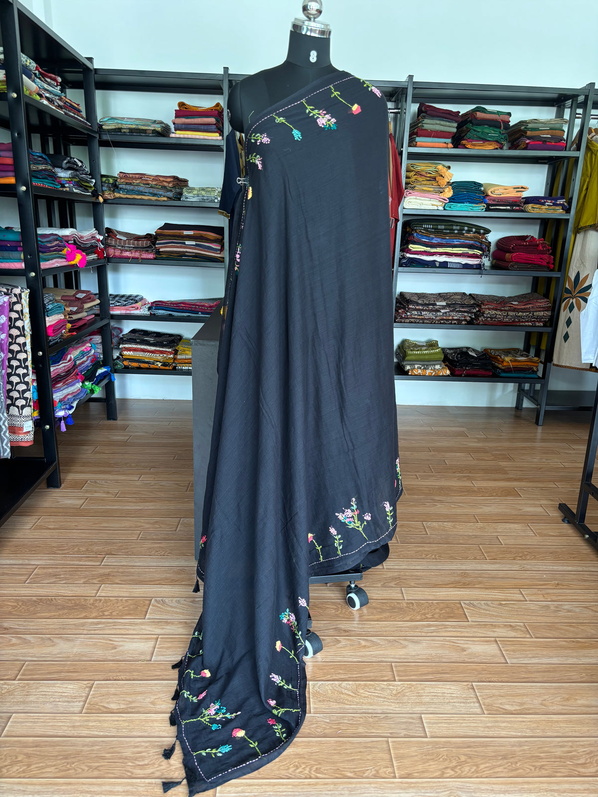 BLACK EMBROIDERED MUL SAREE