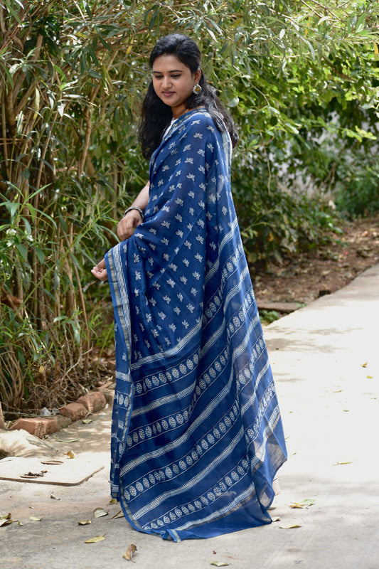 Blue dabu chanderi silk saree