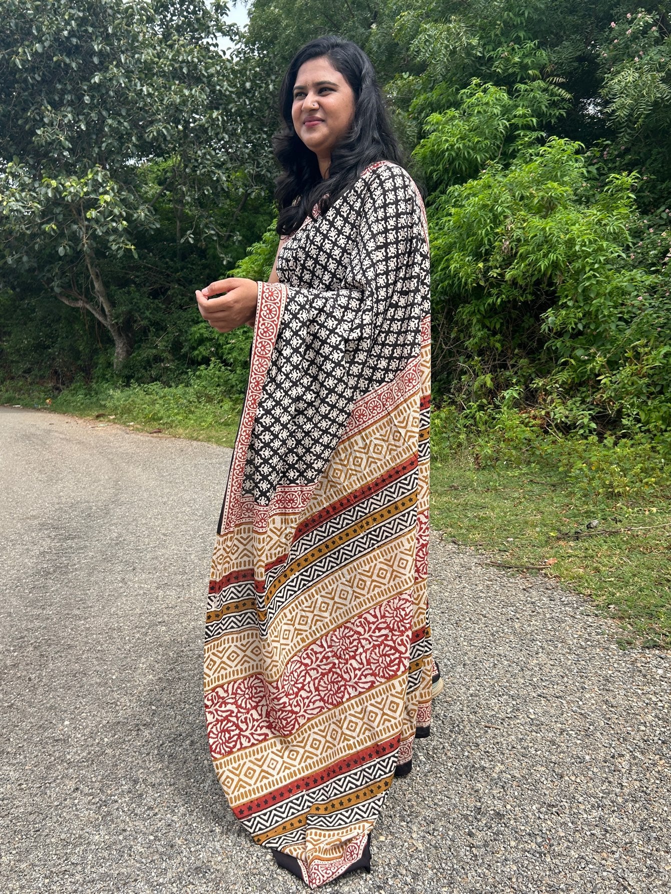 Black handblock mulmul cotton saree