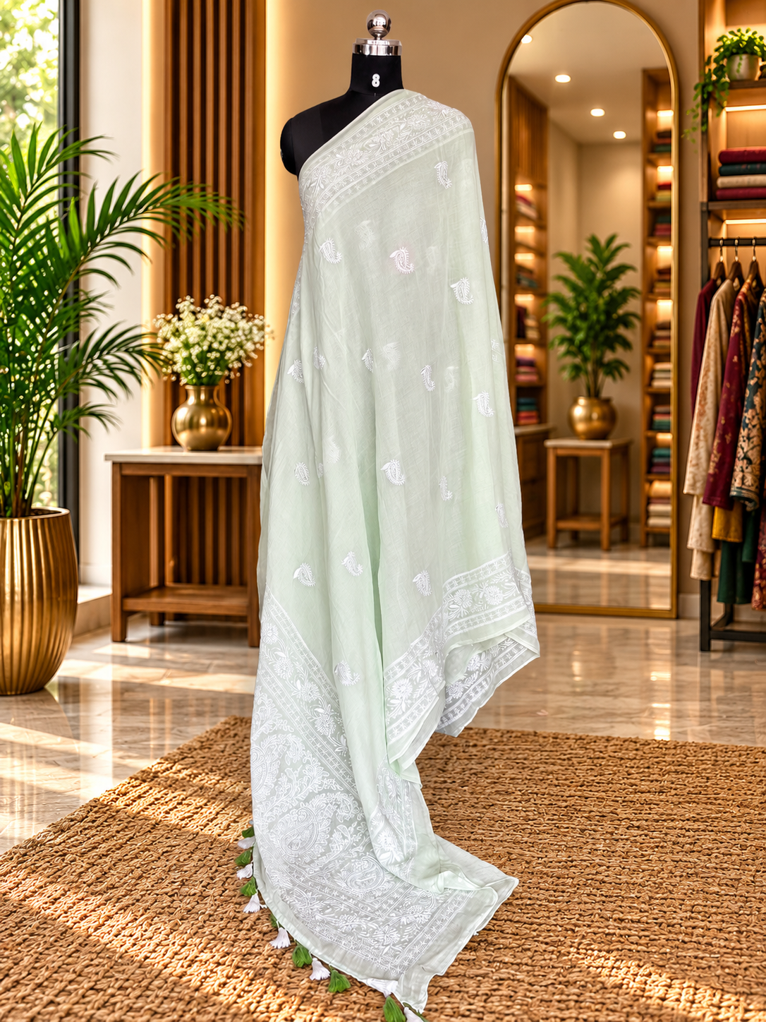 GREEN CHIKANKARI MUL SAREE