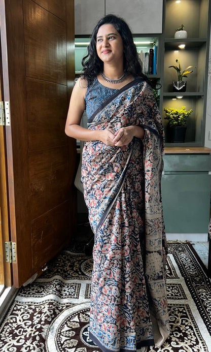 Black kalamkari mul saree