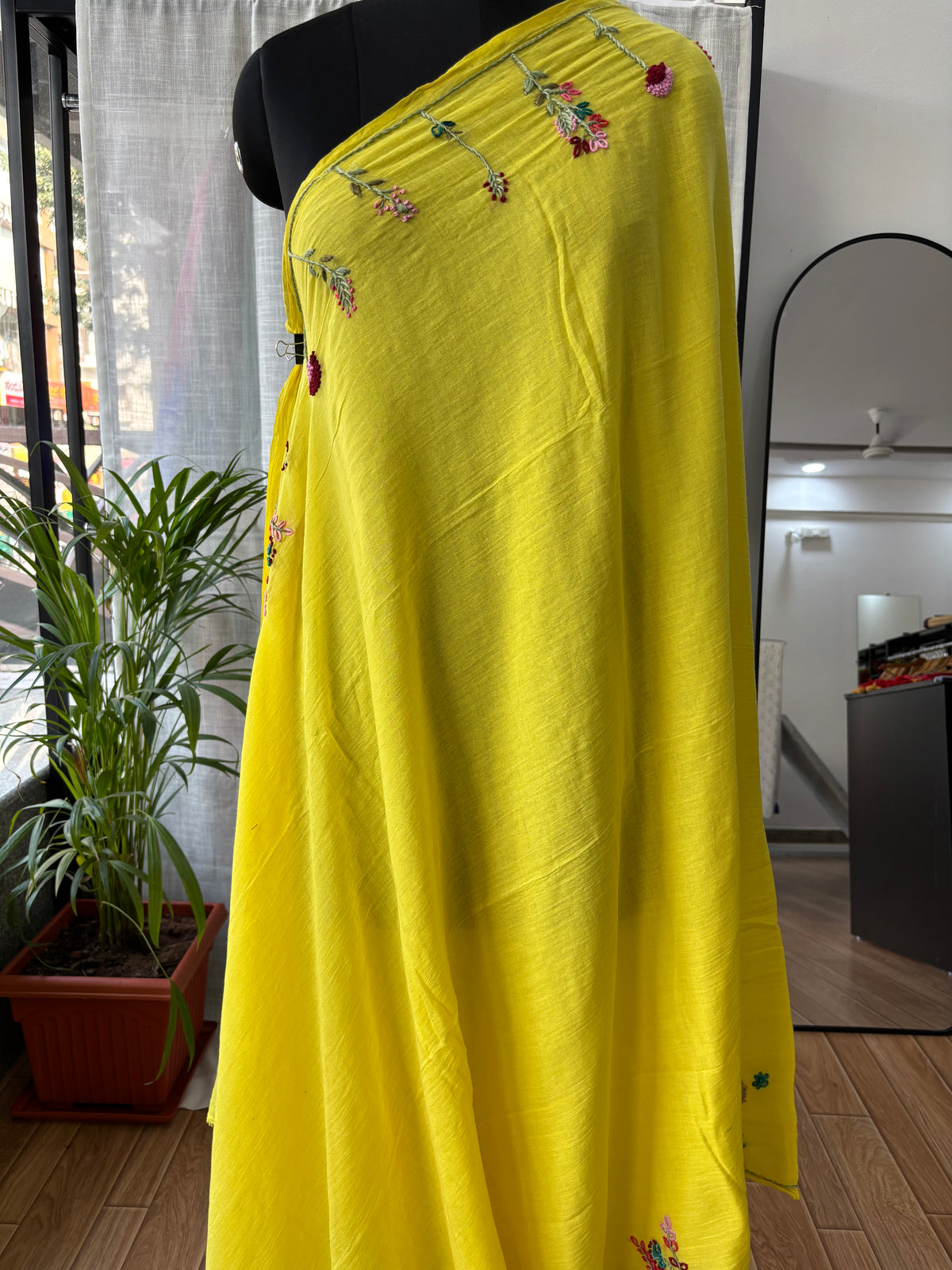 YELLOW EMBROIDERED MUL SAREE