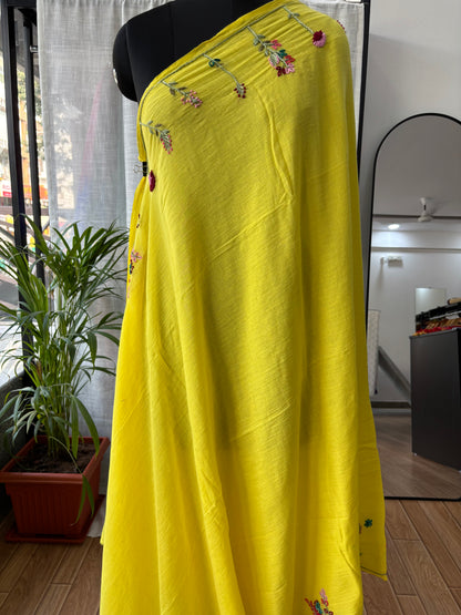 YELLOW EMBROIDERED MUL SAREE