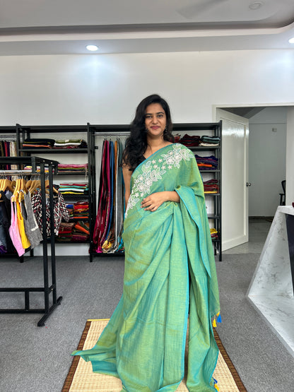 GREEN SEQUIN MUL SAREE