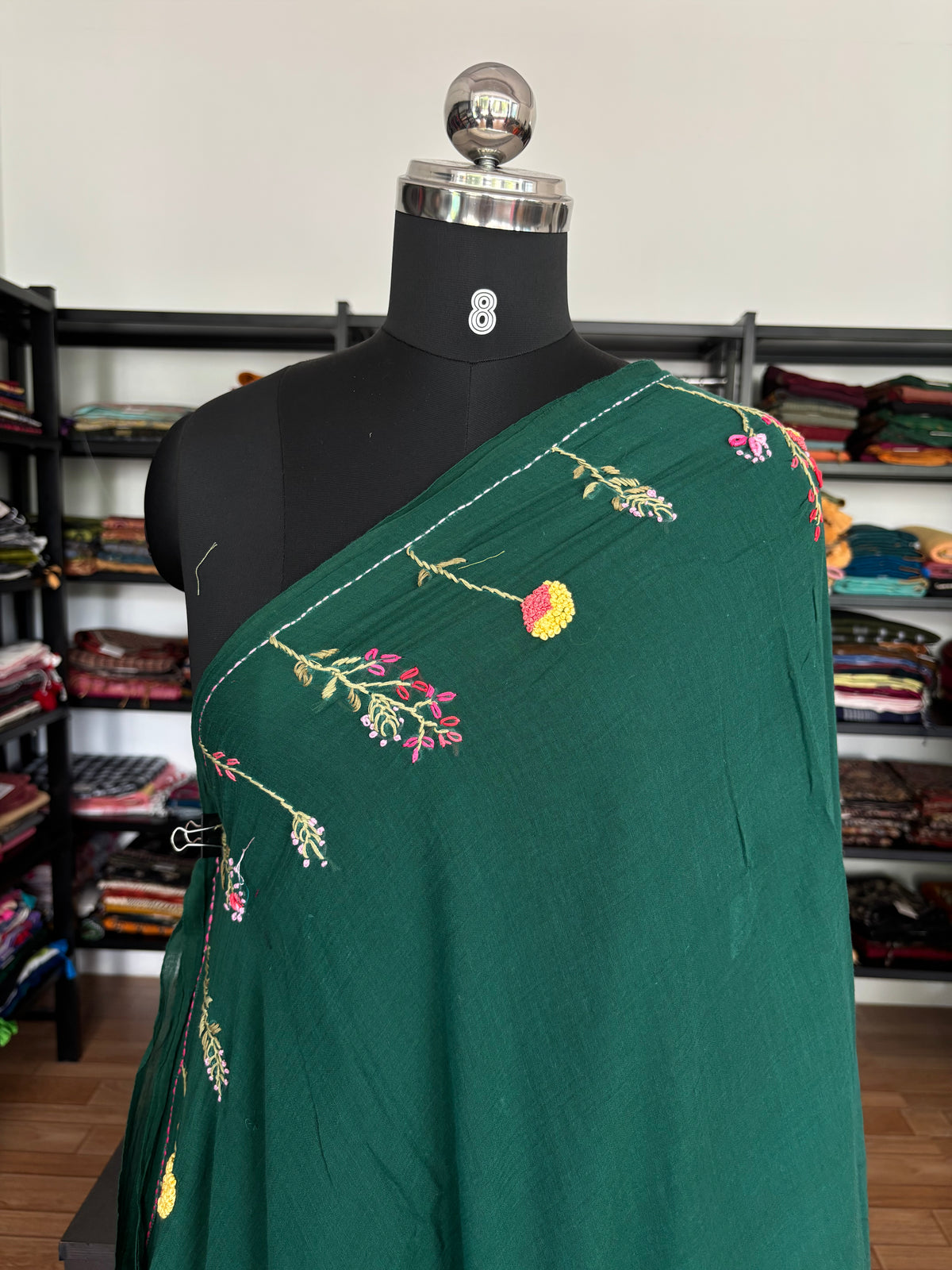 GREEN EMBROIDERED MUL SAREE