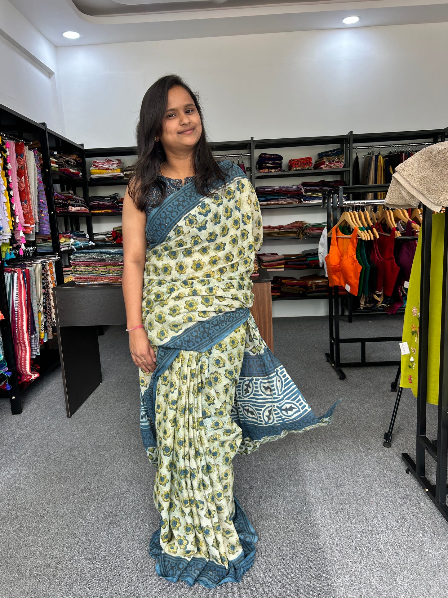 BLUE AJRAKH MUL SAREE