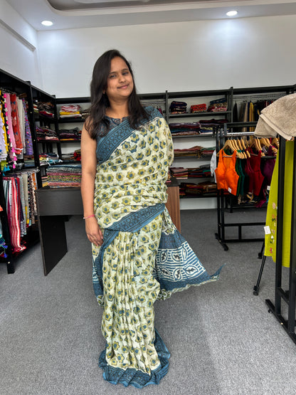 BLUE AJRAKH MUL SAREE