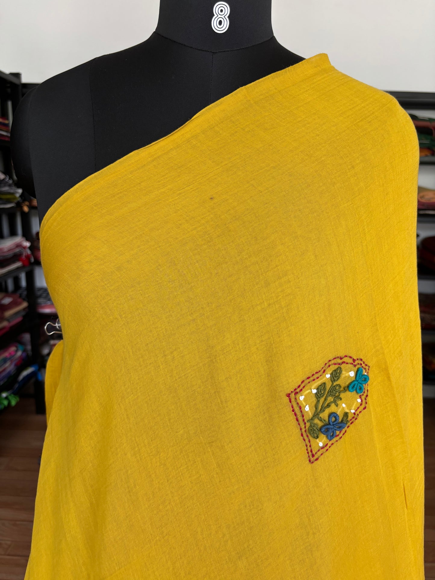 YELLOW EMBROIDERED MUL SAREE