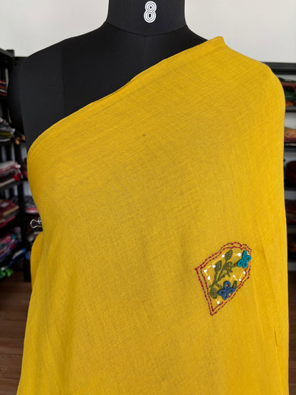 YELLOW EMBROIDERED MUL SAREE