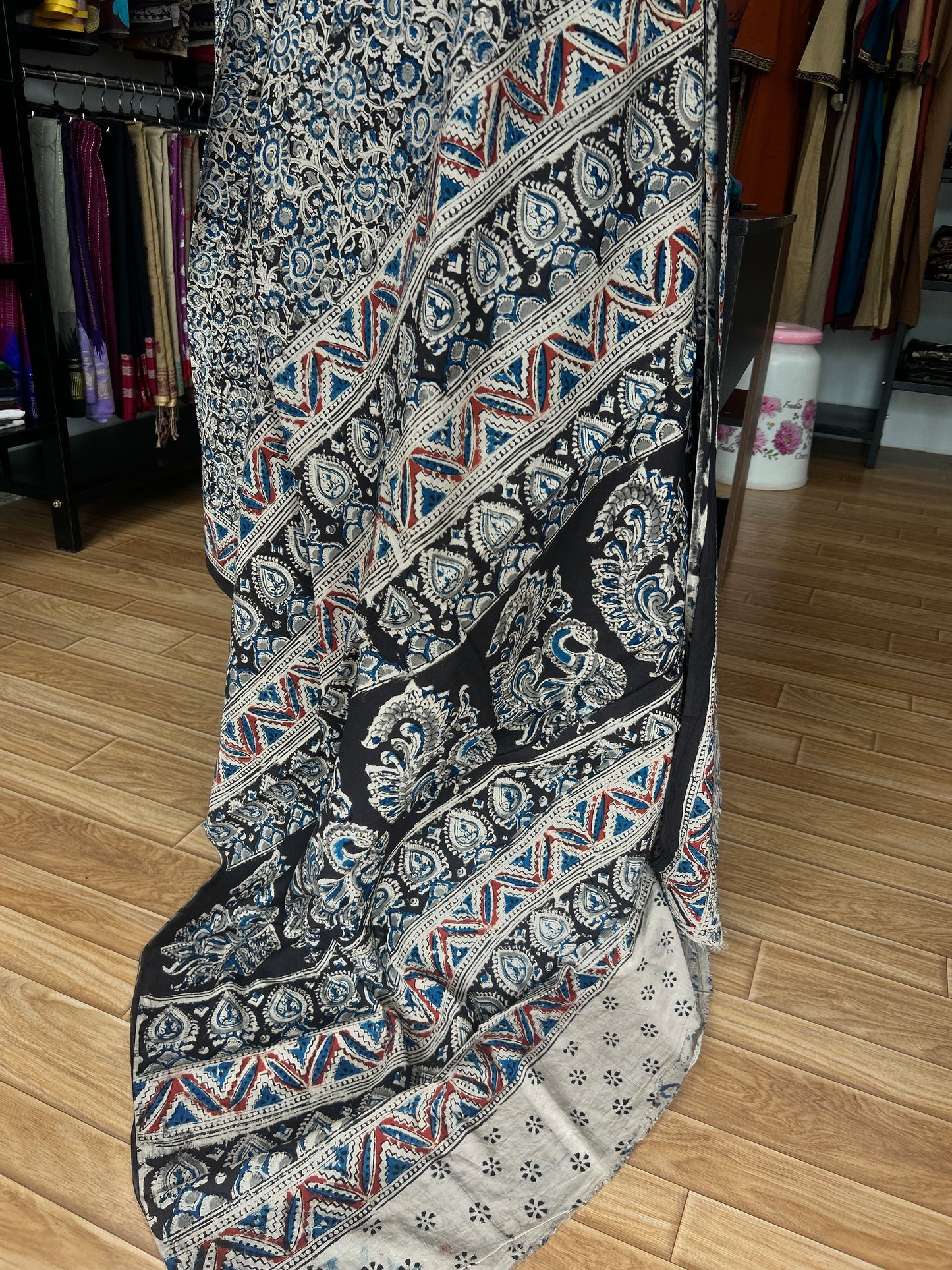 Black kalamkari mul saree