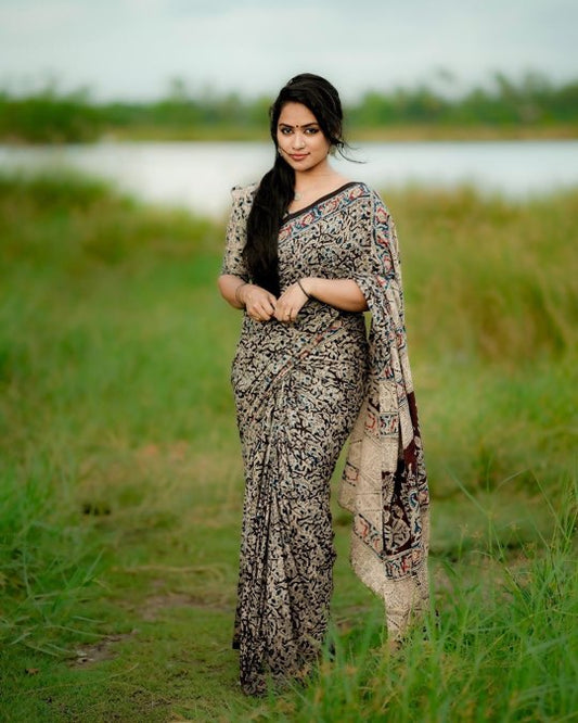 Black kalamkari mul saree