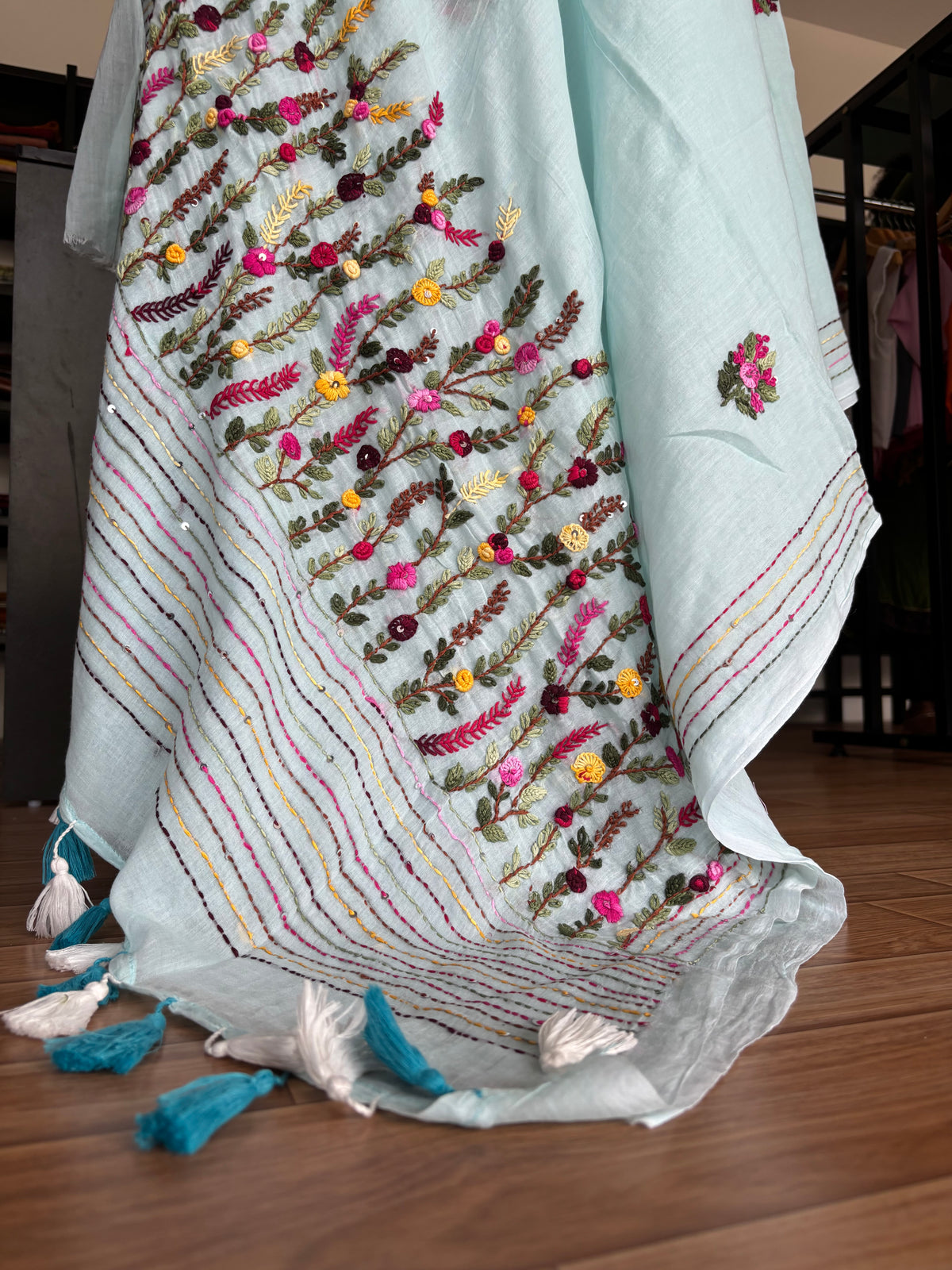 BLUE EMBROIDERED MUL SAREE