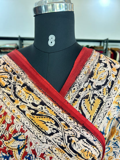Red kalamkari mul saree