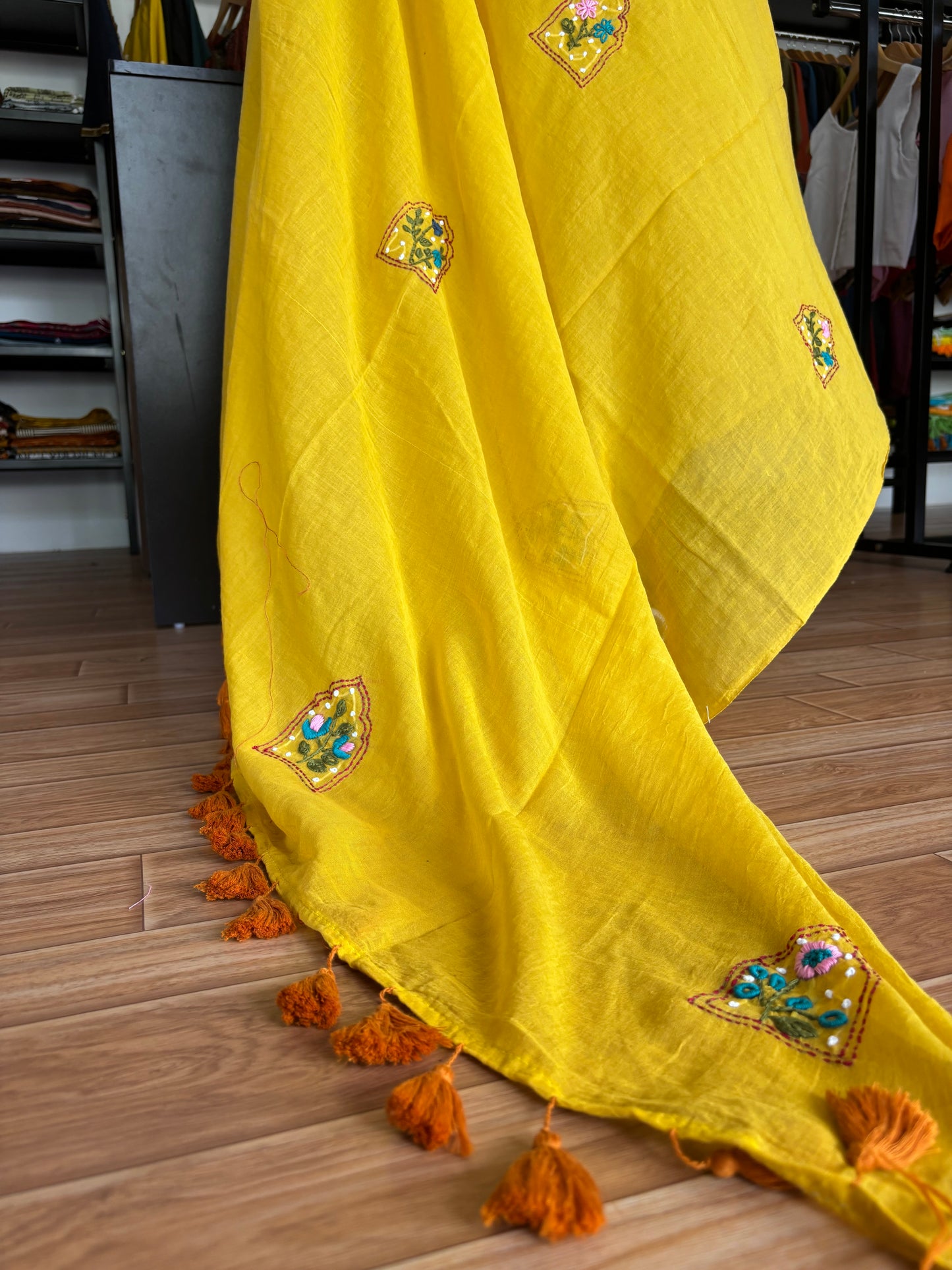 YELLOW EMBROIDERED MUL SAREE