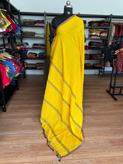 YELLOW KATHA CHECKS  MUL SAREE
