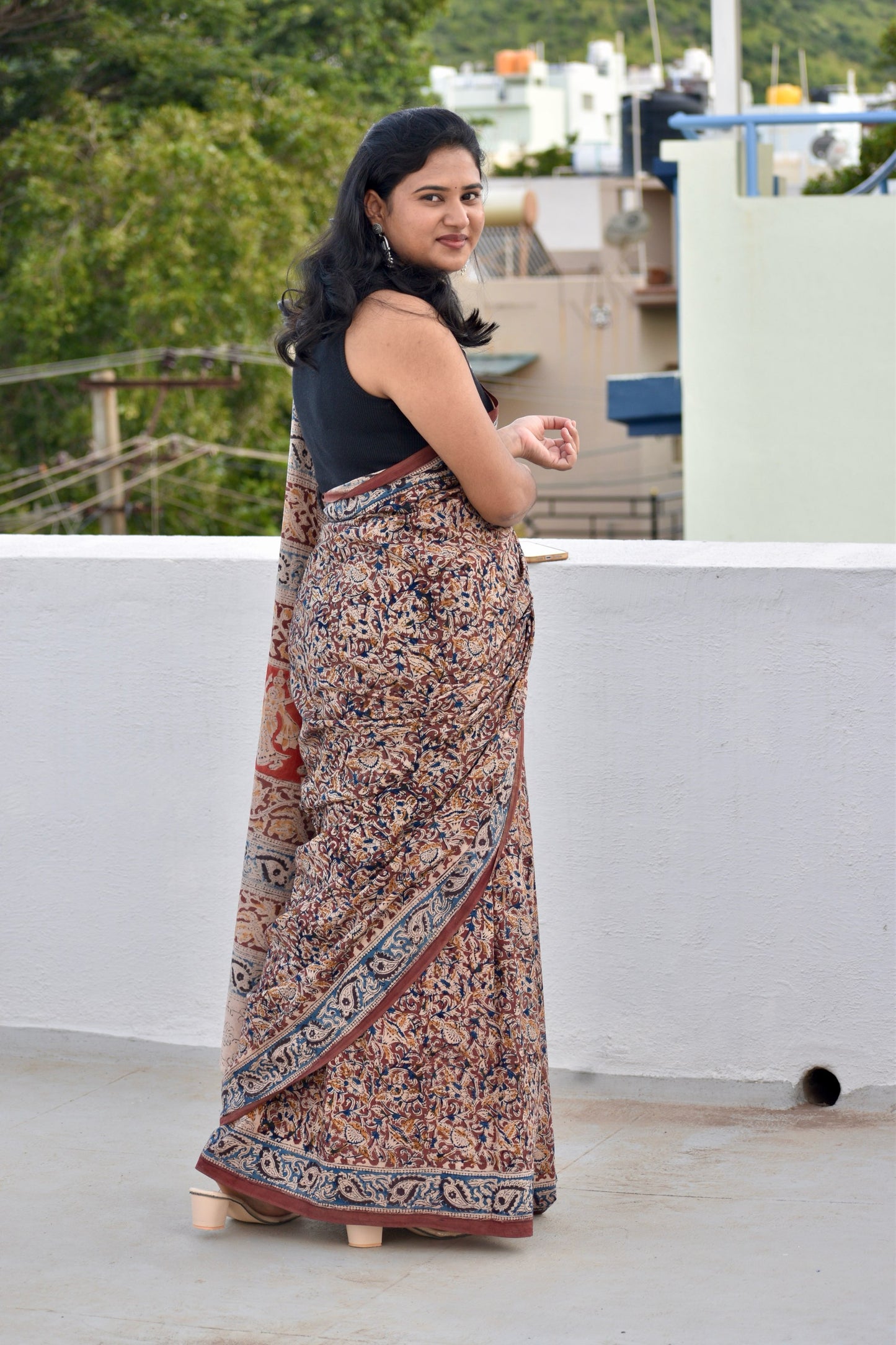 Brown kalamkari mul saree