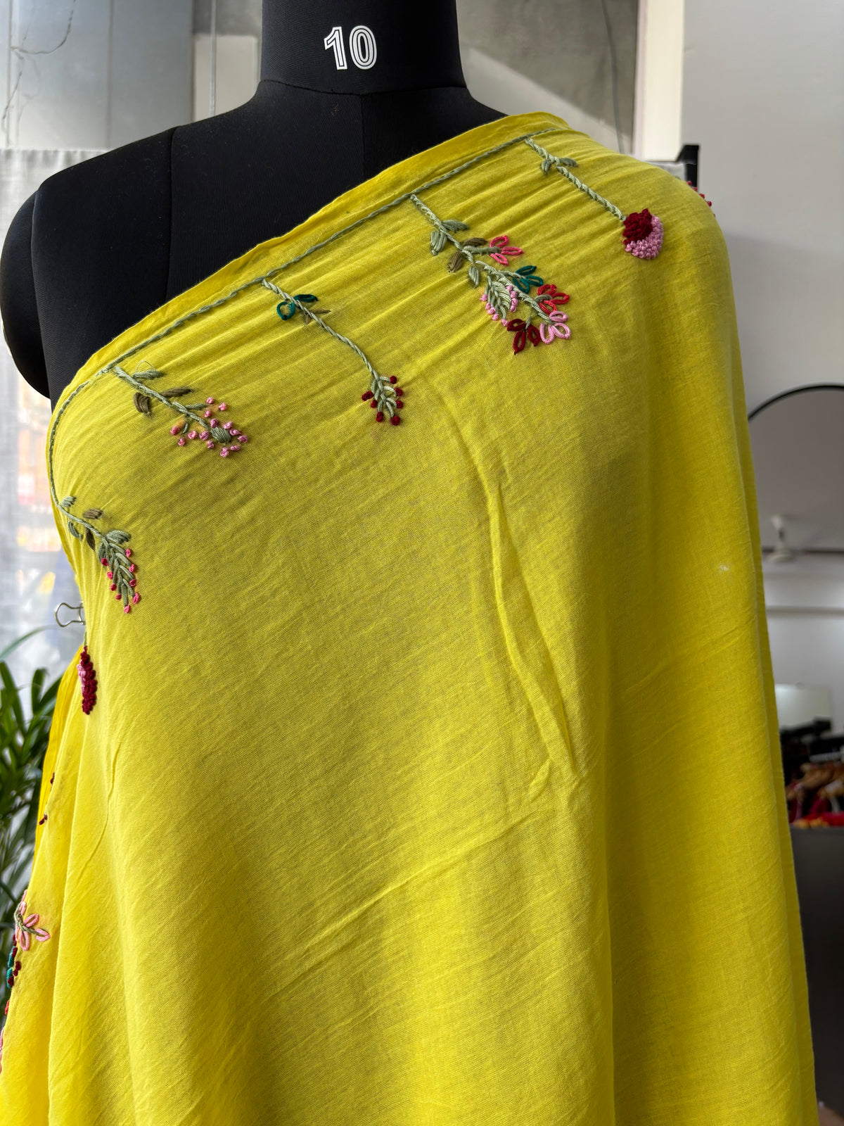 YELLOW EMBROIDERED MUL SAREE