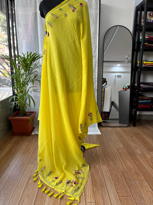 YELLOW EMBROIDERED MUL SAREE