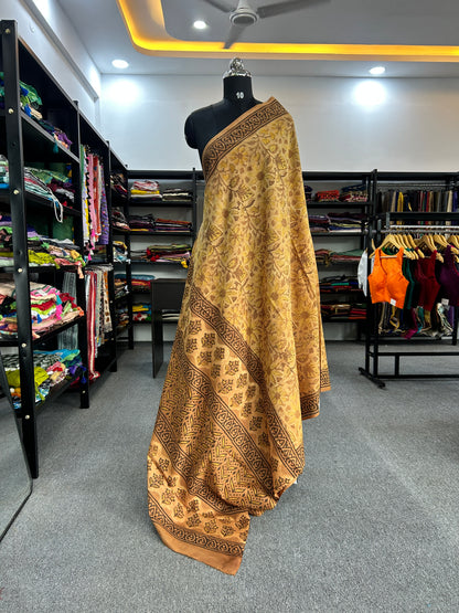 YELLOW AJRAKH MUL SAREE