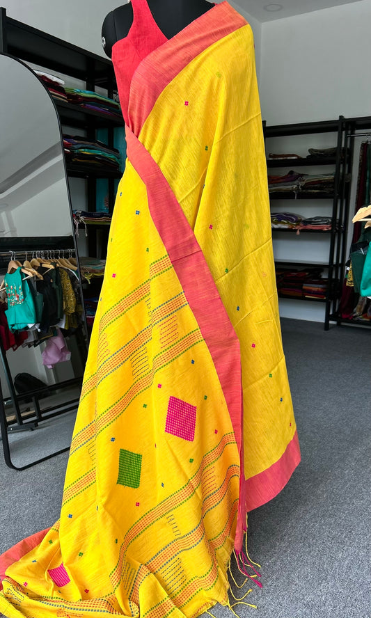 YELLOW KHADI COTTON SAREE