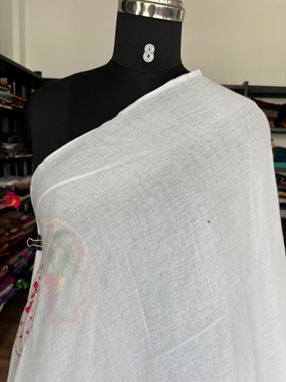 WHITE EMBROIDERED MUL SAREE
