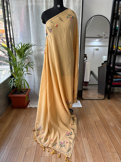 BEIGE EMBROIDERED MUL SAREE