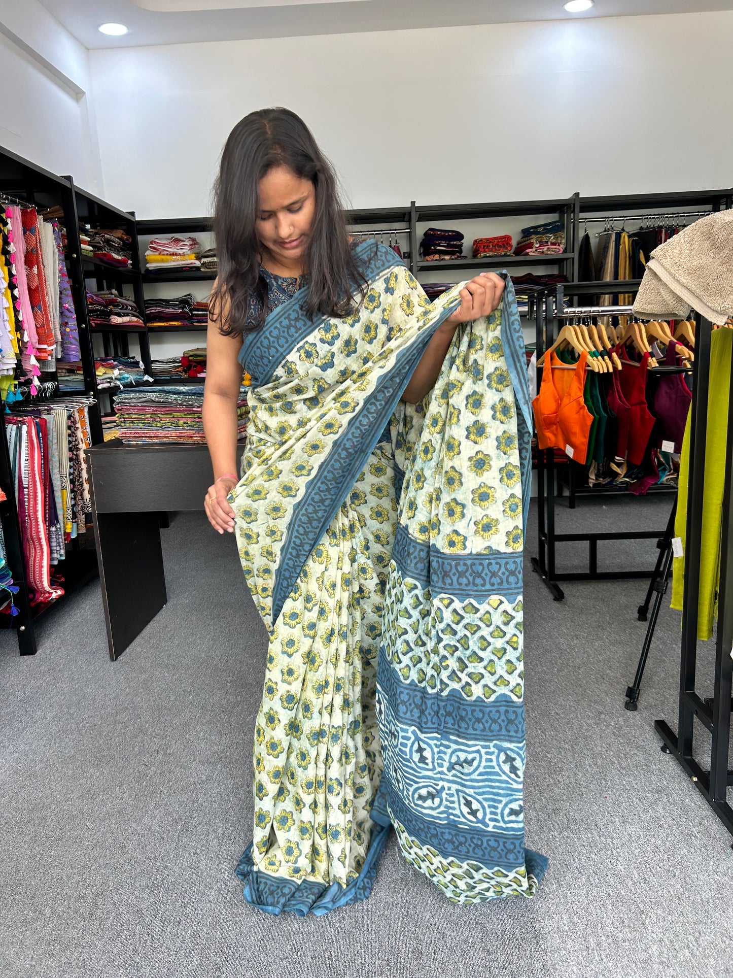 BLUE AJRAKH MUL SAREE