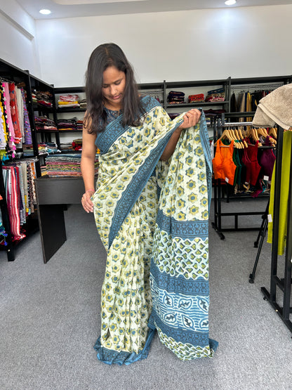 BLUE AJRAKH MUL SAREE