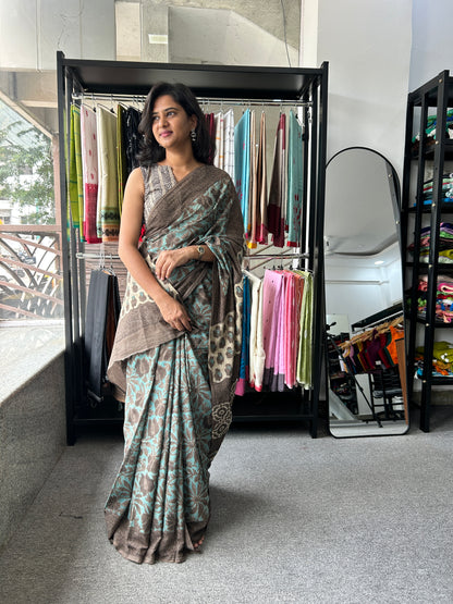 BLUE AJRAKH MUL SAREE