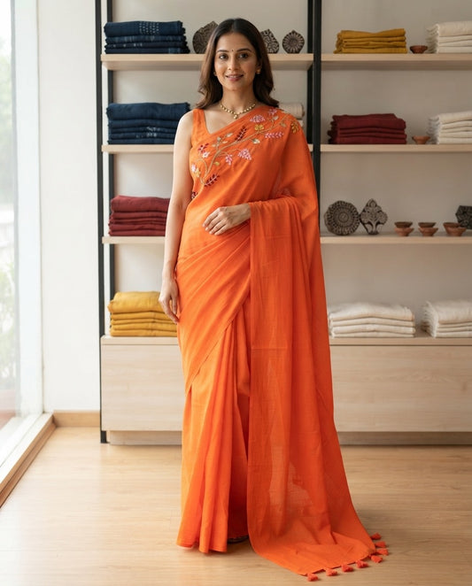 ORANGE KATHA MUL SAREE