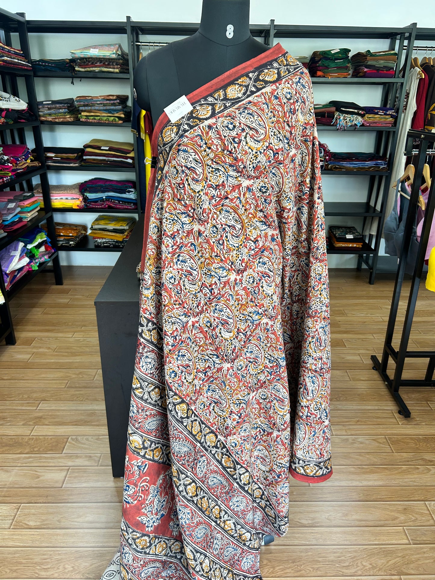 Red kalamkari mul saree