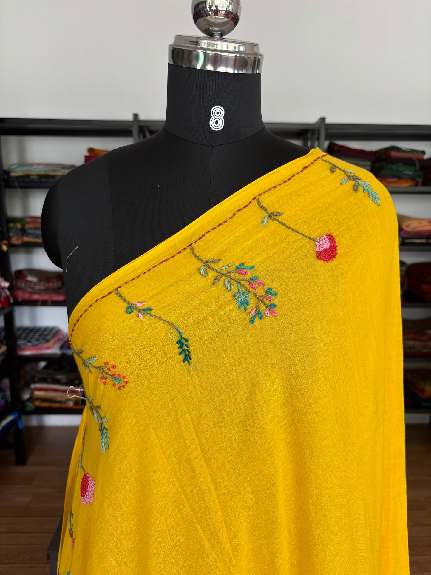YELLOW EMBROIDERED MUL SAREE