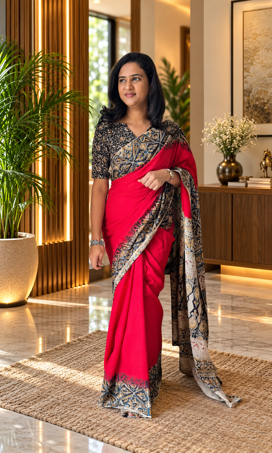 Red kalamkari mul saree