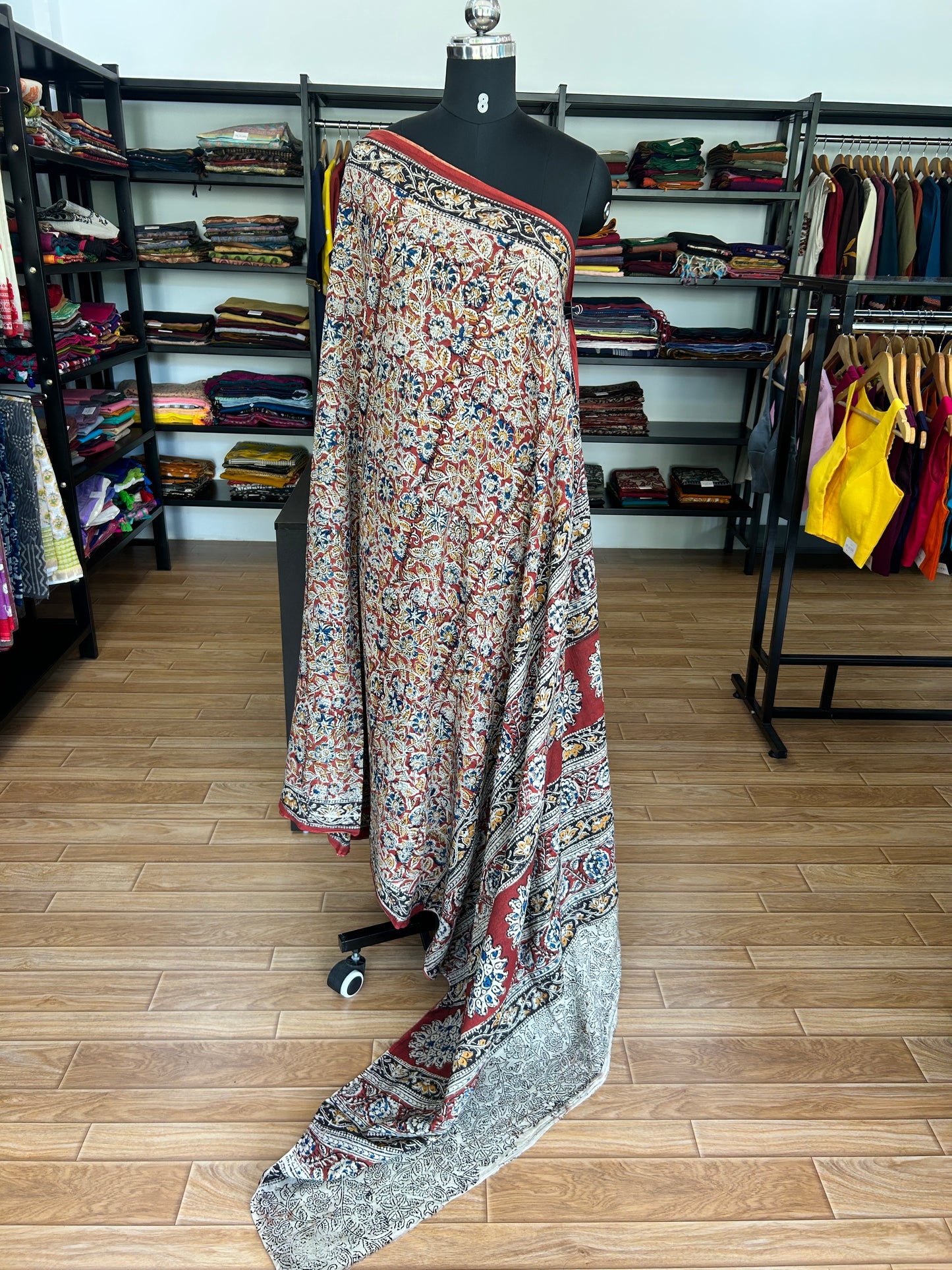 Red kalamkari mul saree