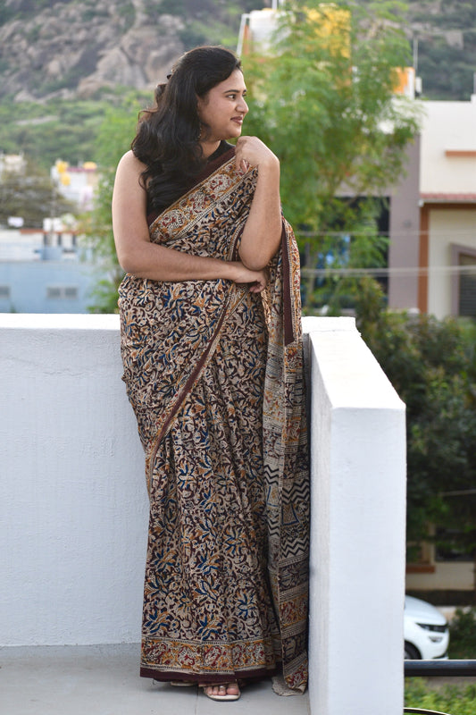 Brown kalamkari mul saree