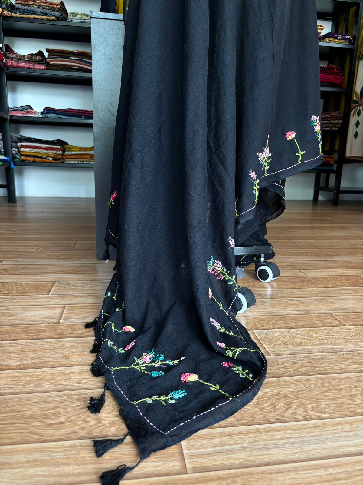 BLACK EMBROIDERED MUL SAREE