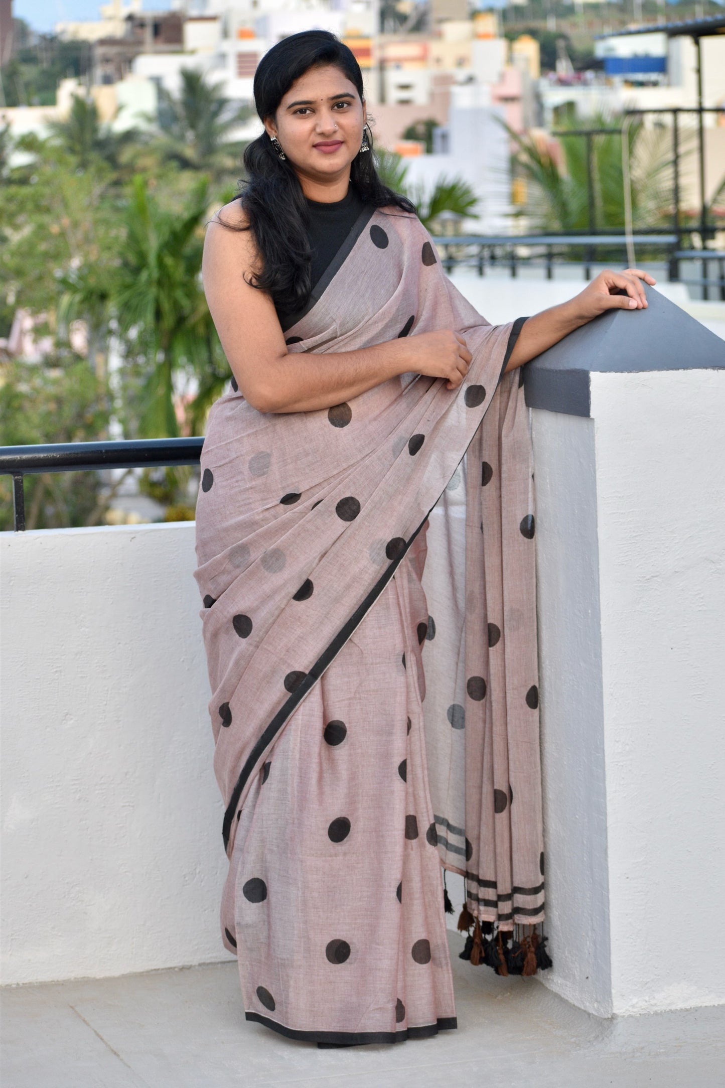 BROWN POLKA MUL SAREE