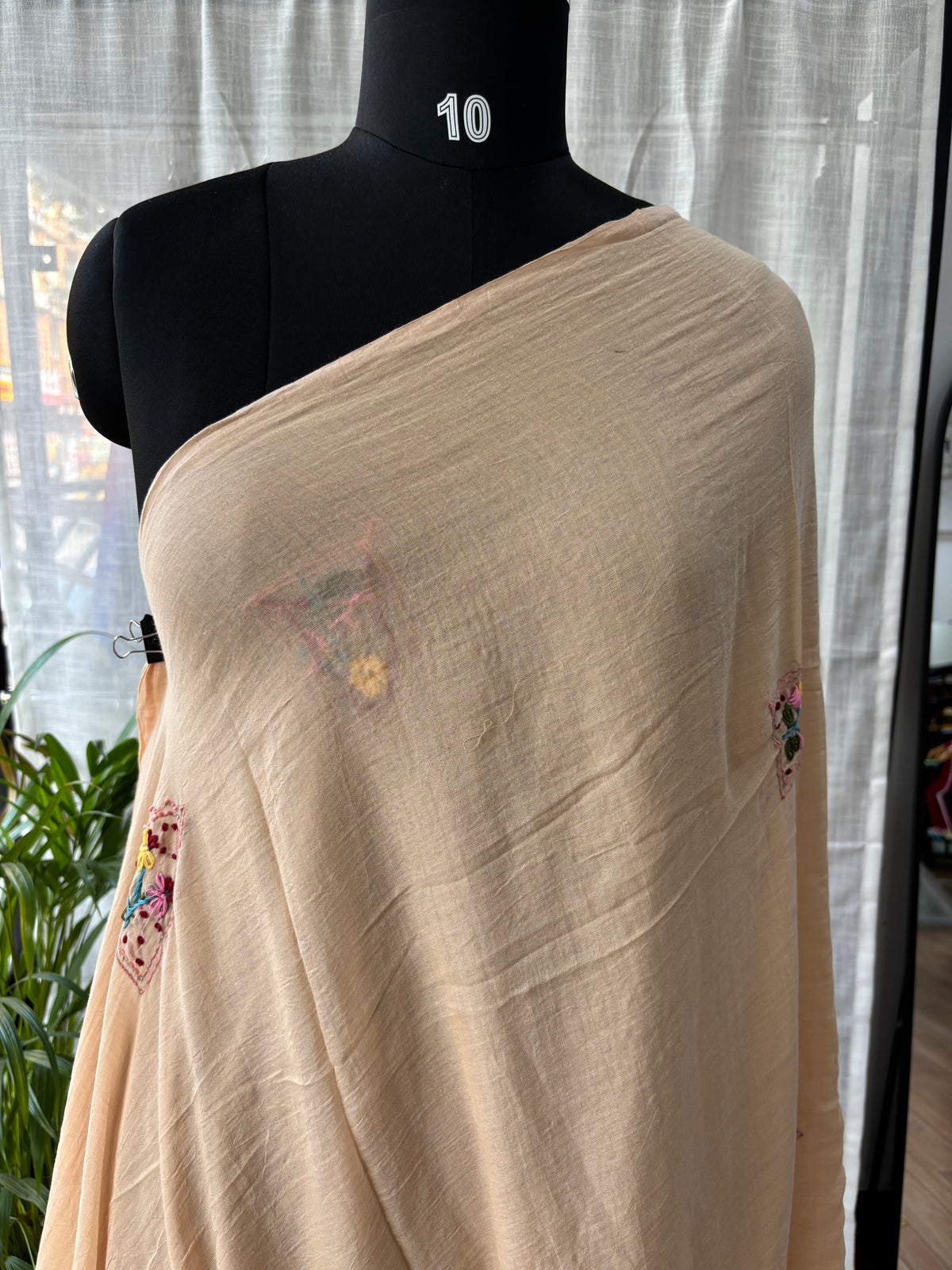 BEIGE EMBROIDERED MUL SAREE