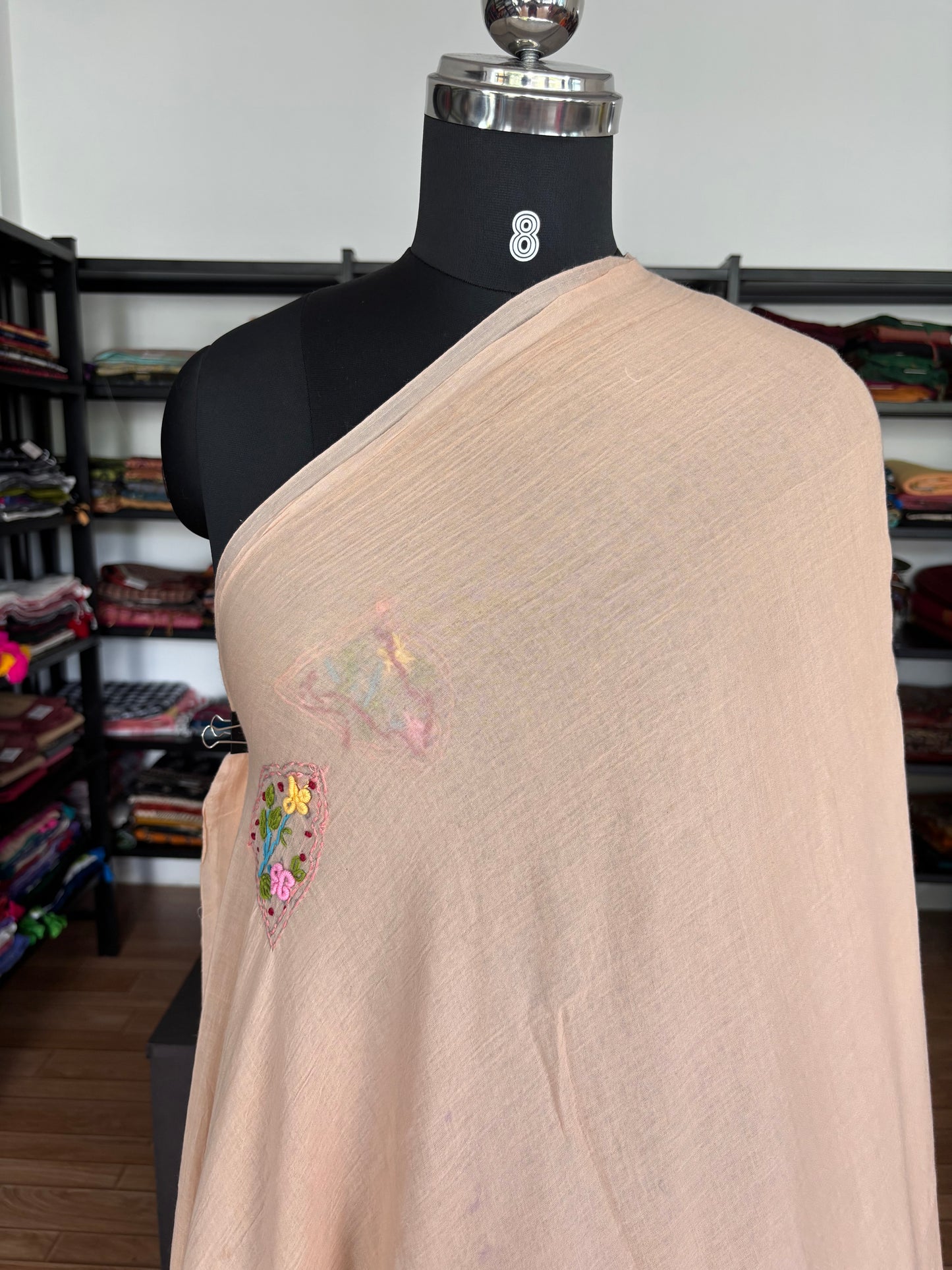 BEIGE EMBROIDERED MUL SAREE
