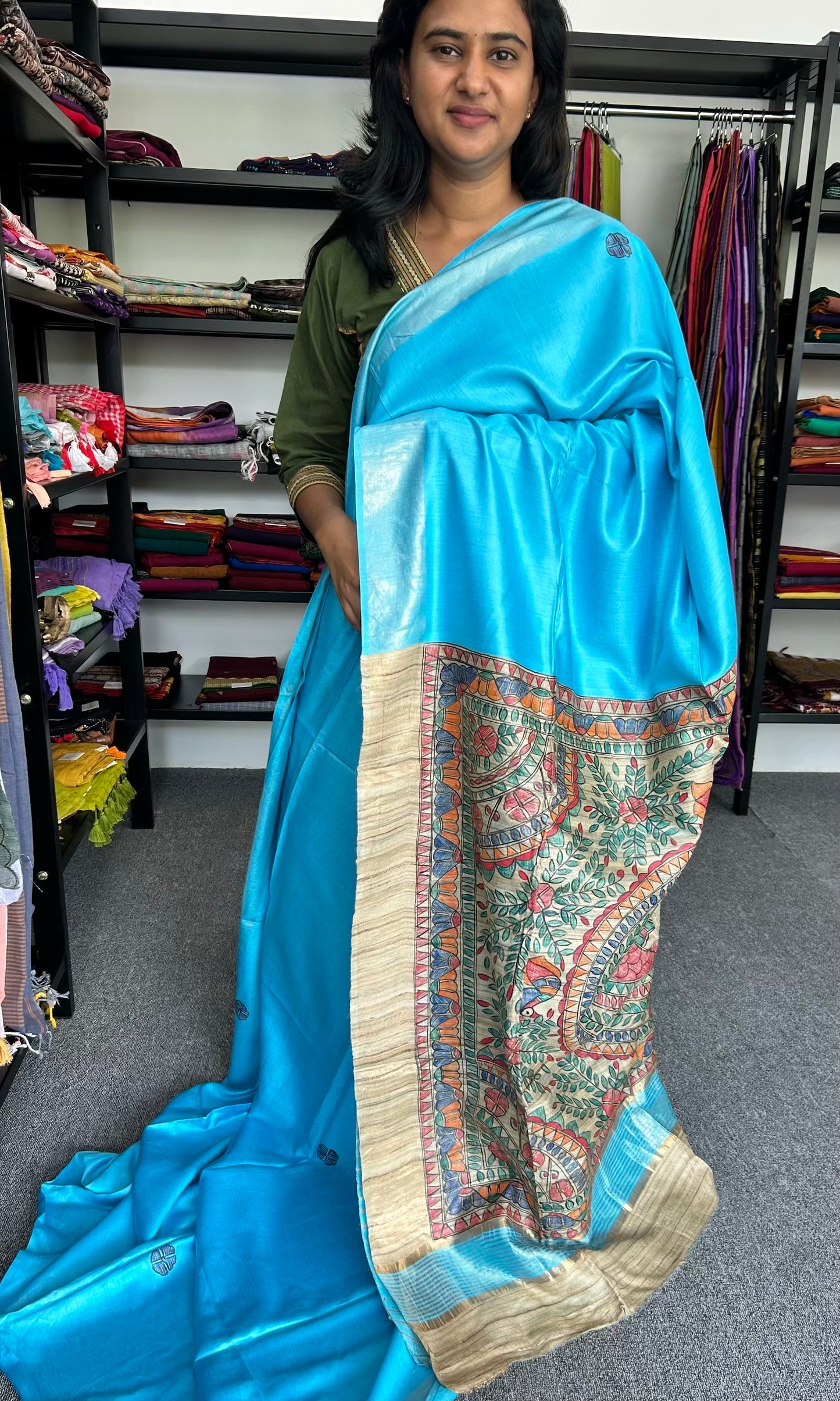 BLUE MADHUBANI SILK SAREE