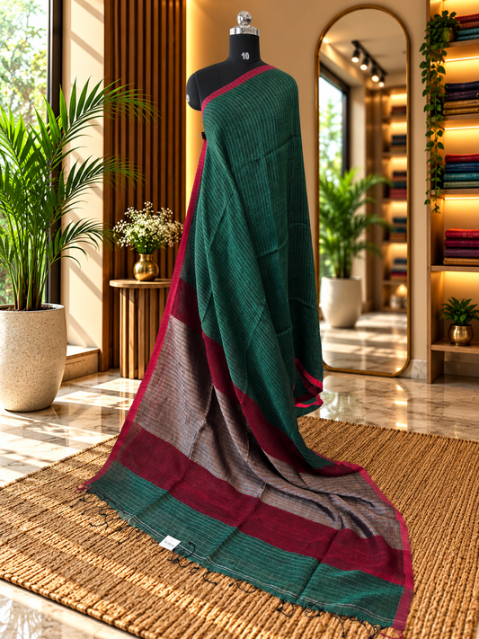 GREEN PURE LINEN SAREE
