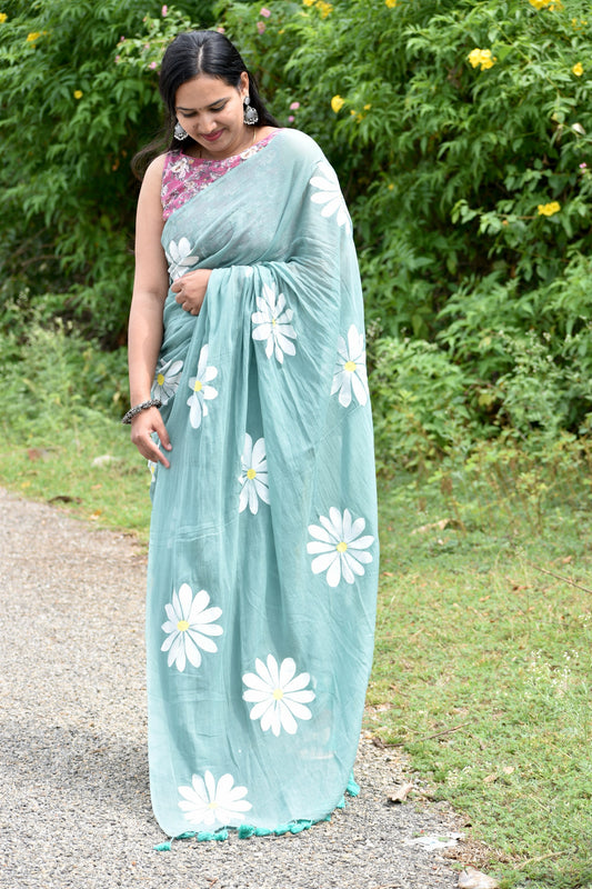 GREEN HAND PAINTED MUL SAREE